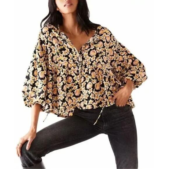 Free People Tops - Free People Womens Linen Highlander Floral Peasant Top S Oversized Boho Cottage